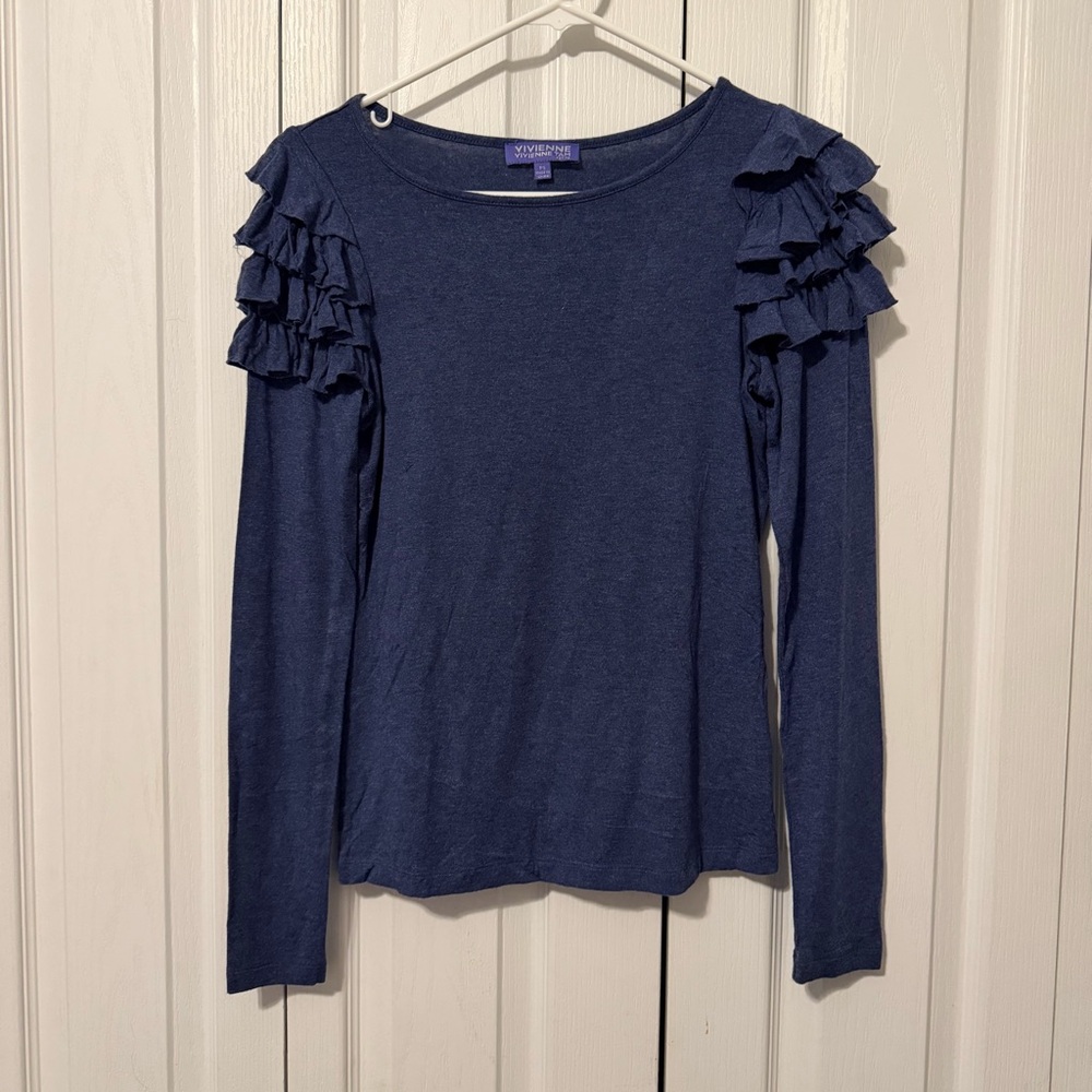 Vivienne Tam Navy Ruffle-Shoulder Long Sleeve Size Petite Small